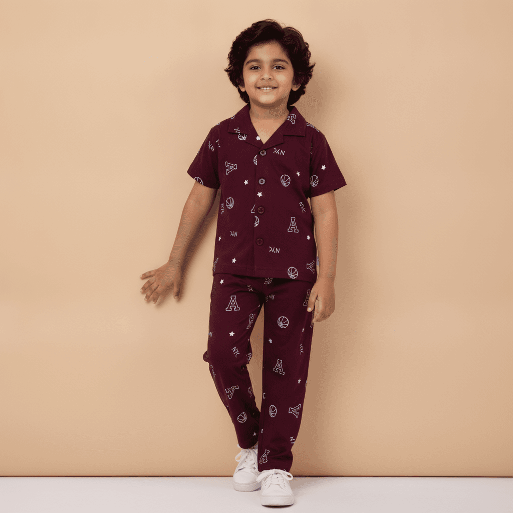 Hazelnuts Boys Maroon Cotton Pyjama Set with NYC Print for All Season Casual Wear