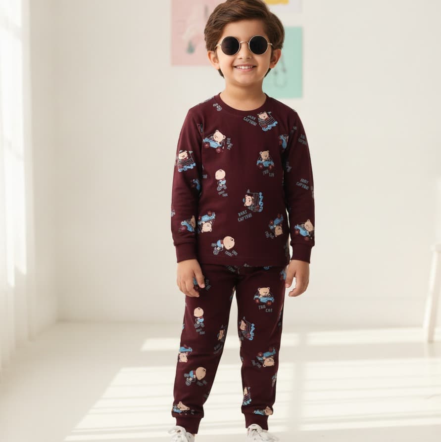 Hazelnuts Dark Maroon Full Sleeve T-shirt & Joggers Set for Boys with FUN CAR, BABY CAPTAIN Print - Casual All Season Wear