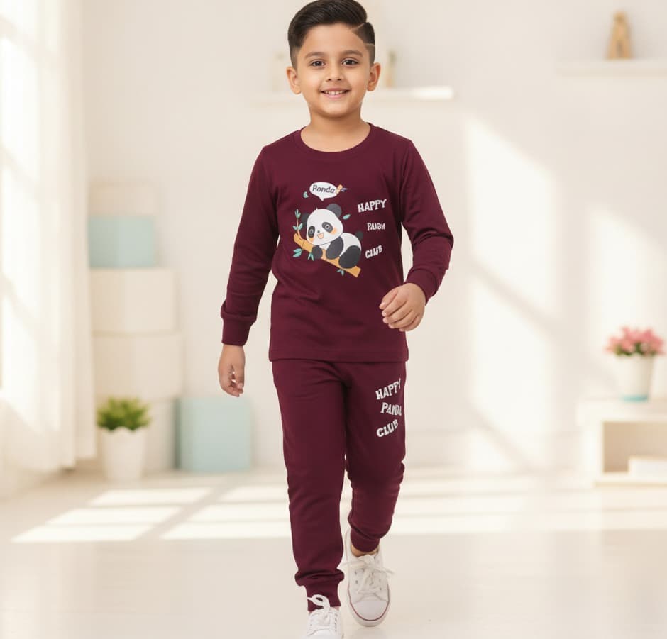 Hazelnuts Boys Casual Maroon T-shirt & Joggers Set with Panda Print for All Season