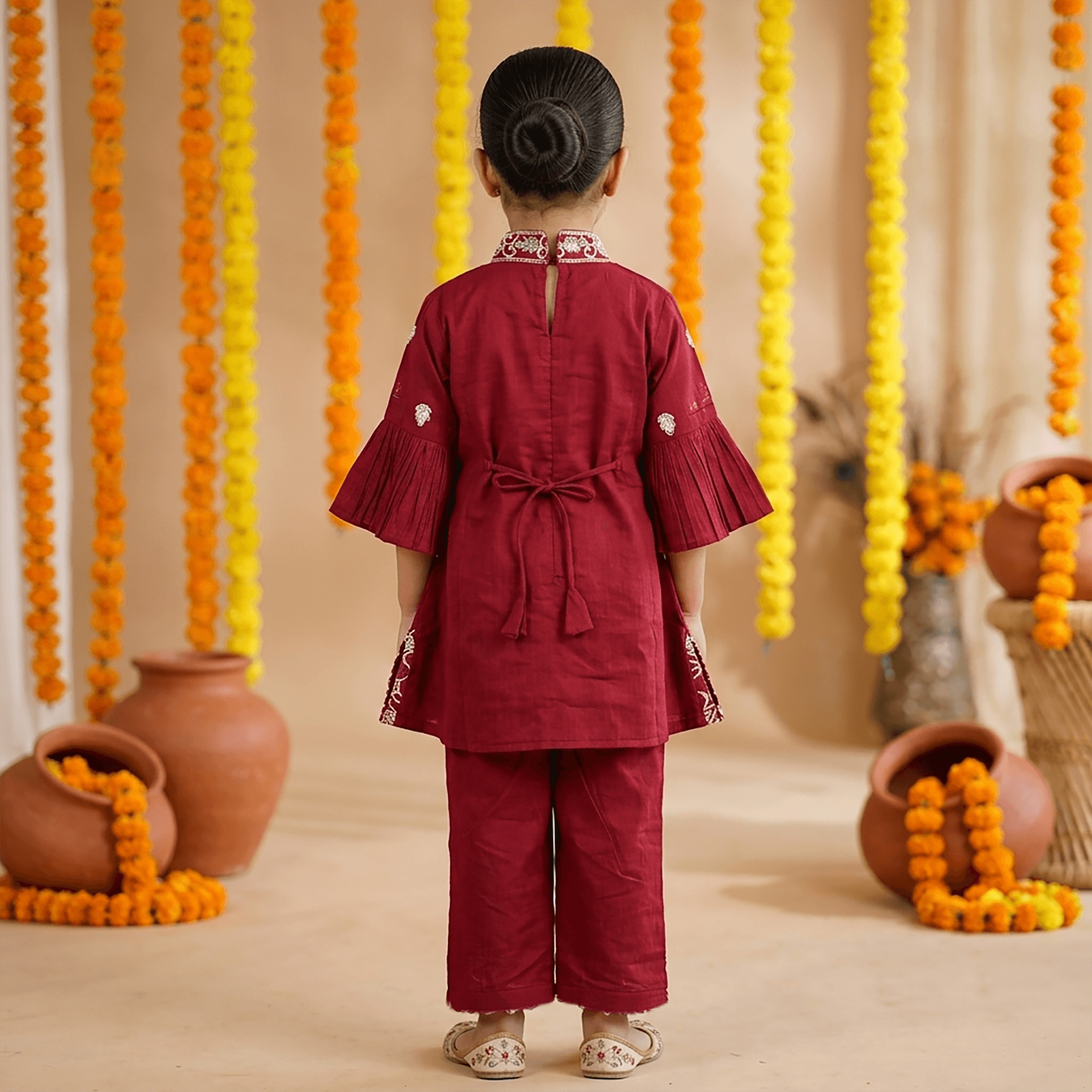 PINK-CLIFF Maroon Cotton Blend Kurti & Sharara Set for Girls - Formal/Partywear, All Season