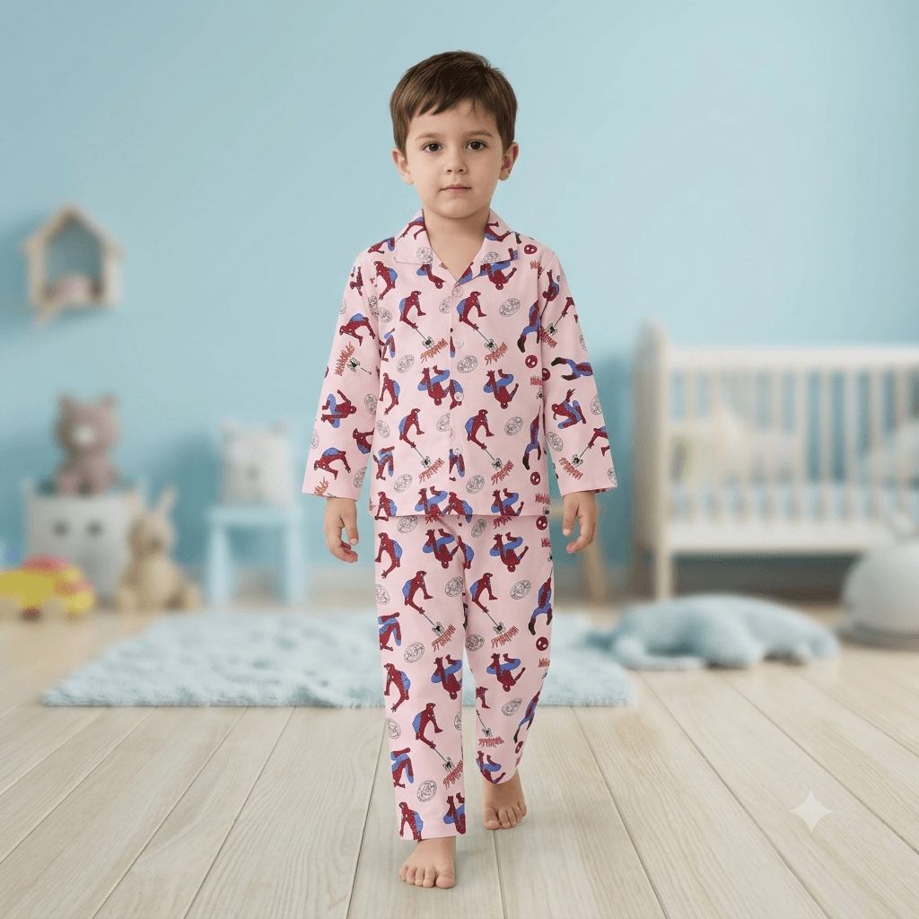 B Boys Light Pink Spider-Man Cotton Pyjama Set for All Season Casual Wear