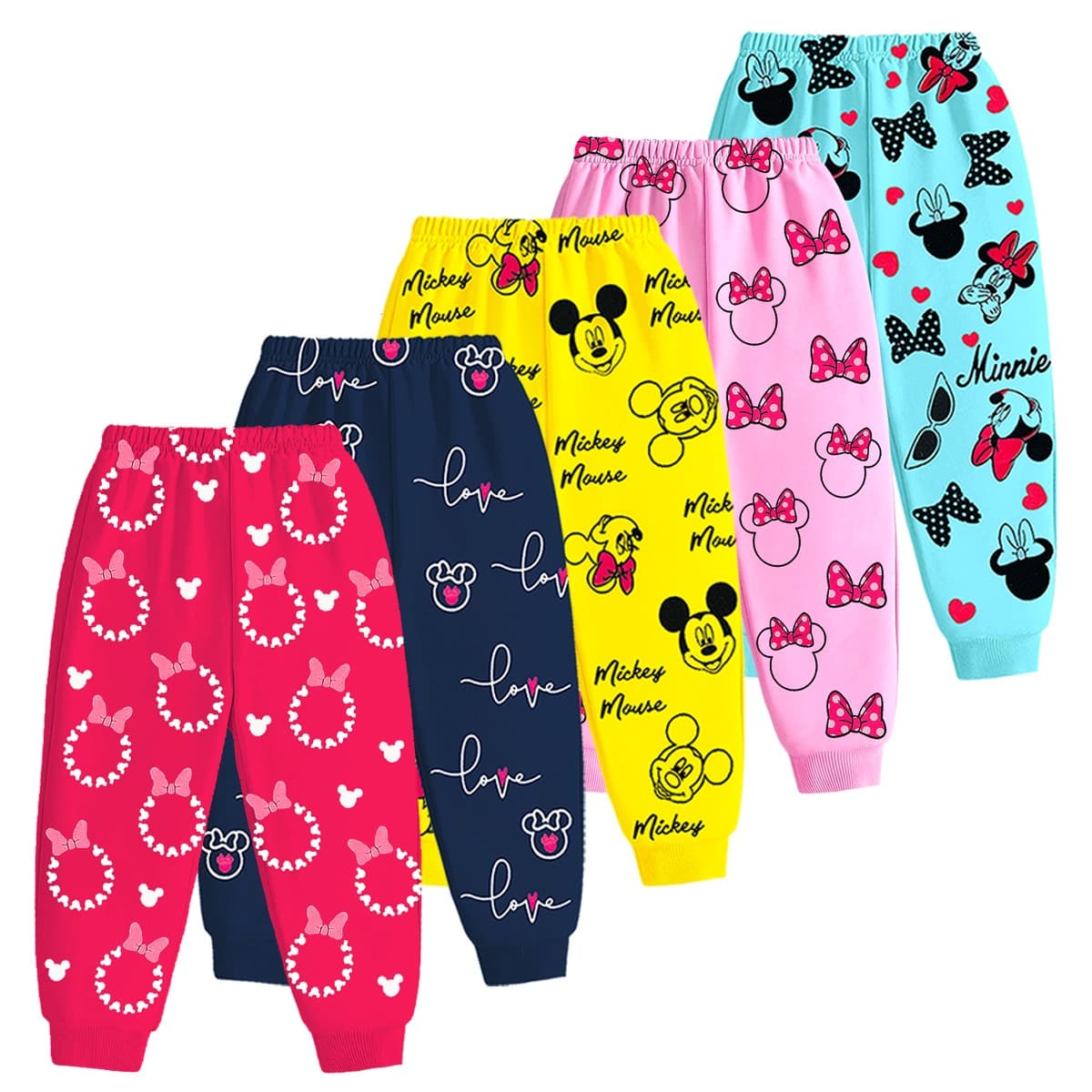 Kuchipoo Girls Cotton Disney Joggers Regular Fit, Full Length, Slip-On - Pack of 5 - Dark Pink, Light Pink, Navy Blue, Yellow & Sky Blue