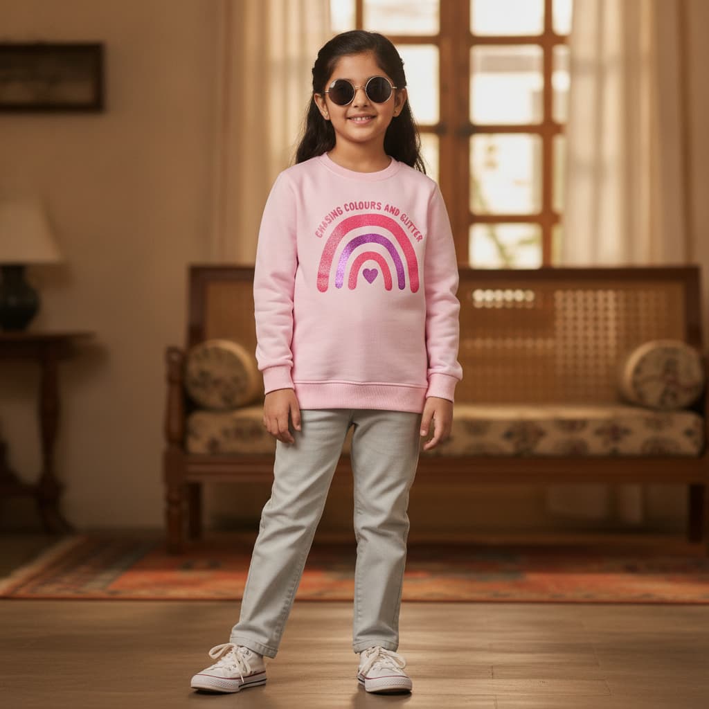 Bumzee Baby Pink Sweatshirt for Girls with Full Sleeves and Round Neck - CHASING COLOURS AND GLITTER, Casual Winter Wear