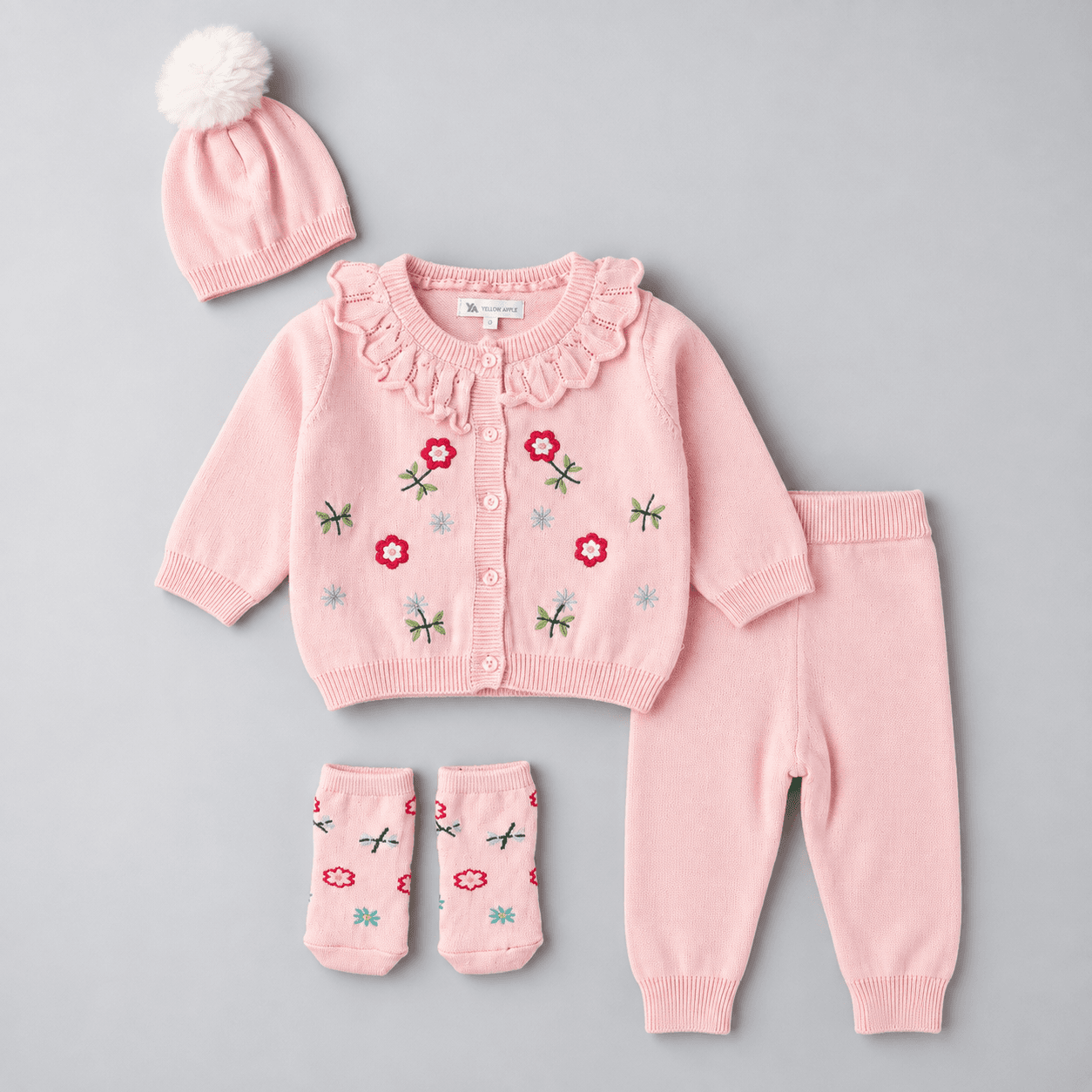 Yellow Apple Baby Pink Cotton Full Sleeves Floral Embroidered Sweater Set with Cap & Mittens