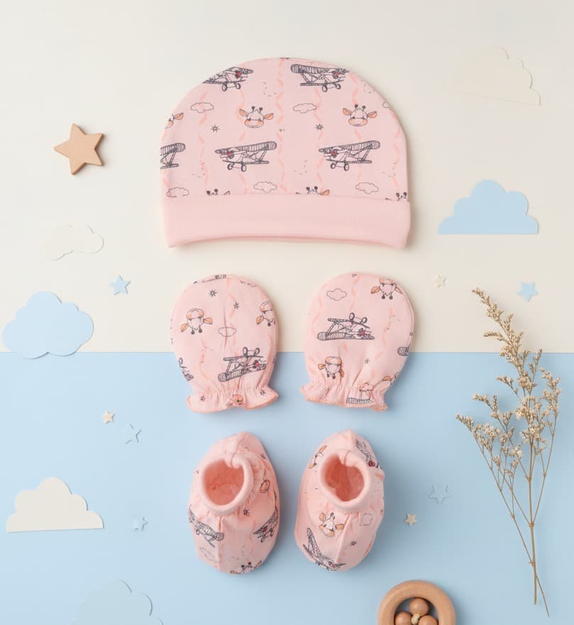 Cucumber Unisex Baby Pink Booties, Mittens & Hat Set with All-Over Prints – Stylish Casual & Outdoor Baby Accessories