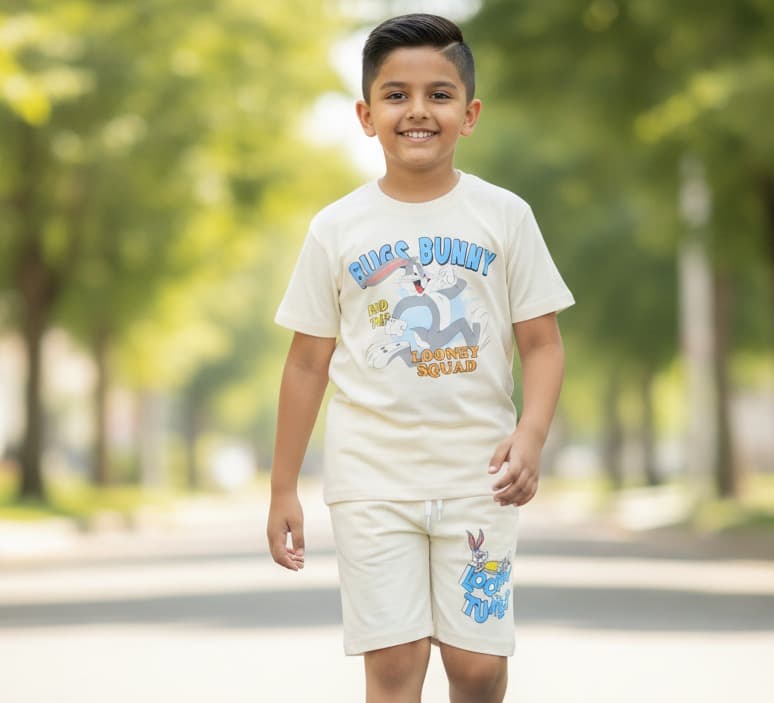 Happy Faces Boys Cream Cotton T-Shirt & Shorts Set | Half Sleeves | Round Neck | “BUGS BUNNY” Text | Drawstring Shorts