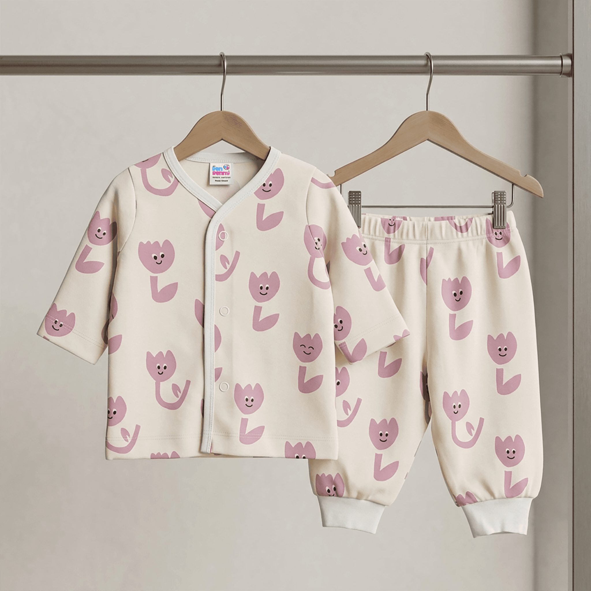 Ben Benny Unisex Cream Pyjama Set | Full Sleeves | V Neck | Front Snap Buttons | Full-Length Joggers | High Rise | Regular Fit | All-Season Casual Wear