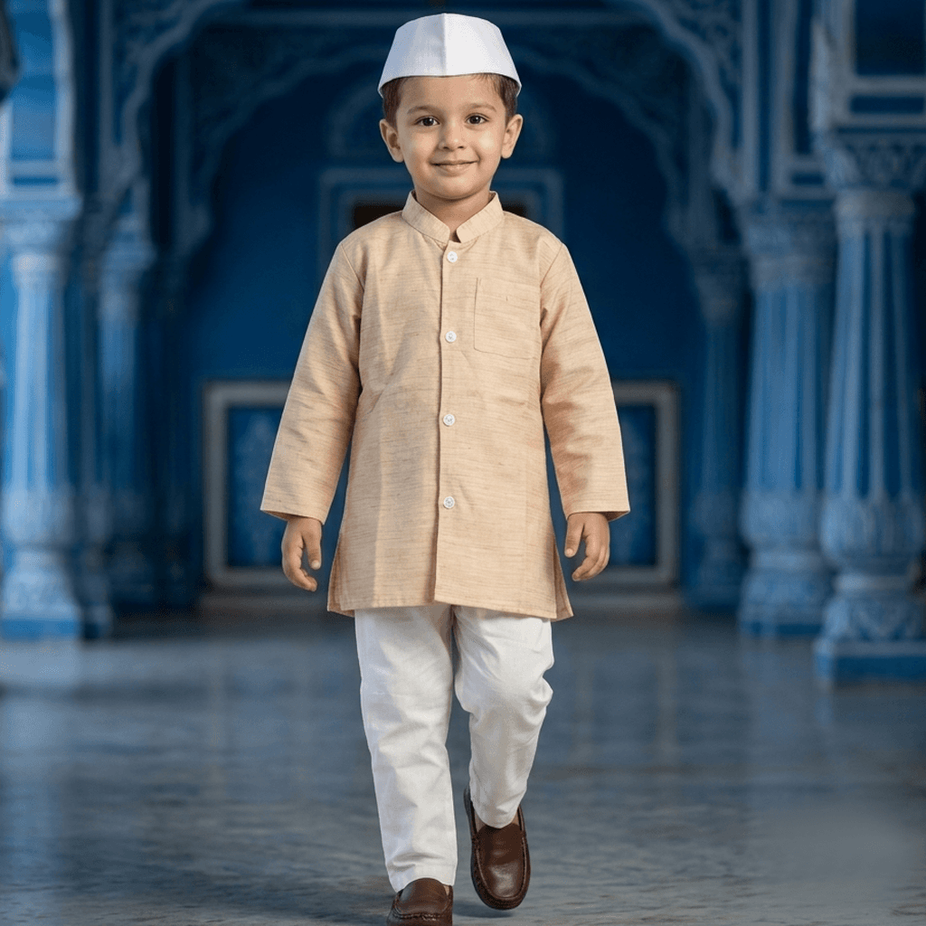 Jawaharlal Nehru Costume (Boys, Cream, Full Sleeves, Mandarin Collar) – Formal/Partywear, All Season – KAKU FANCY DRESSES