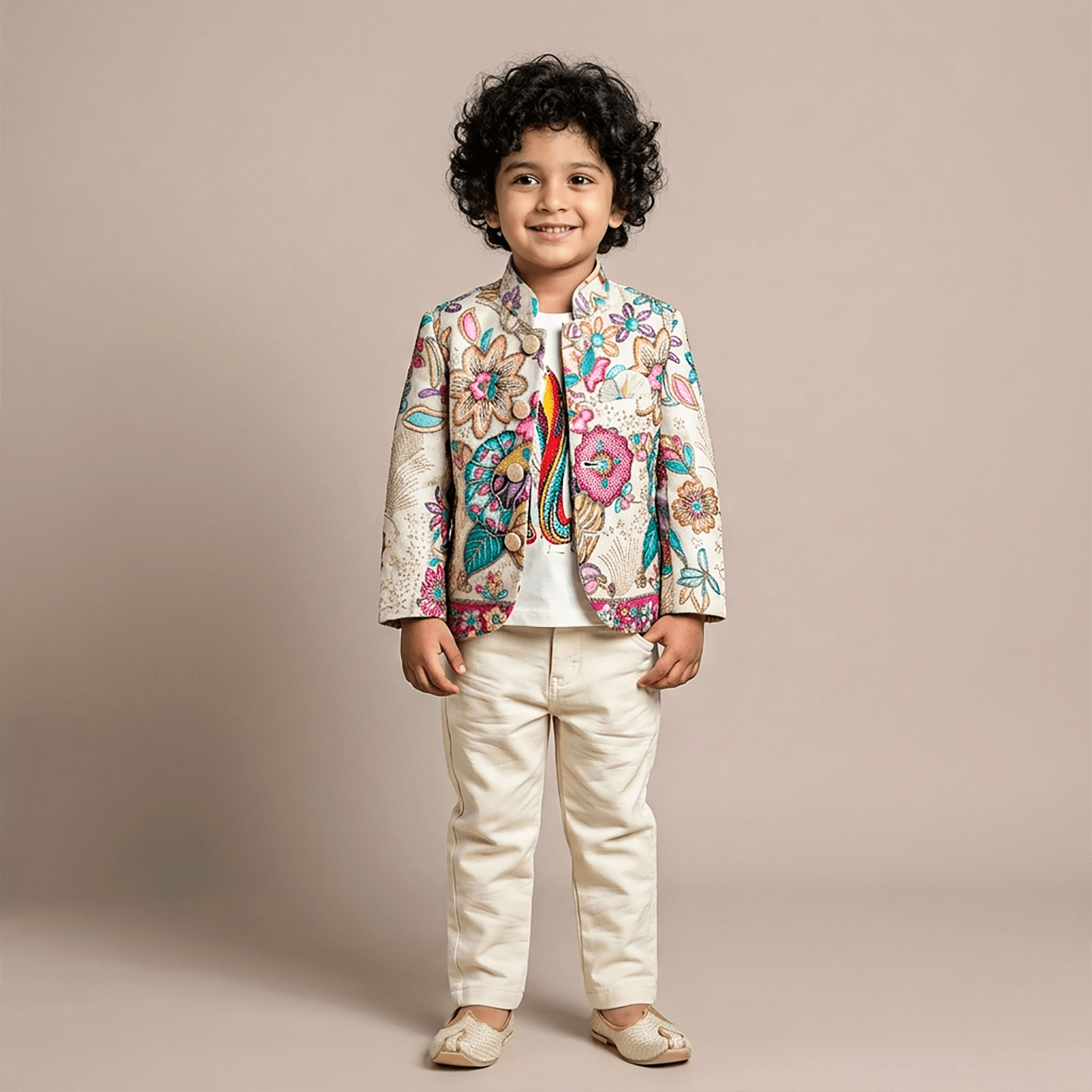 Mintu Kidswear Boys Cream Cotton Sherwani Set – Full Sleeve Mandarin Collar Sherwani & Trousers for Partywear