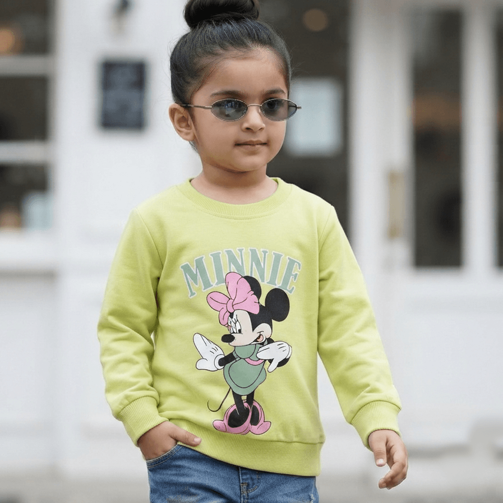 Biskid Girls Limegreen Cotton Full Sleeves SweatShirt with MINNIE for Casual Winter Wear