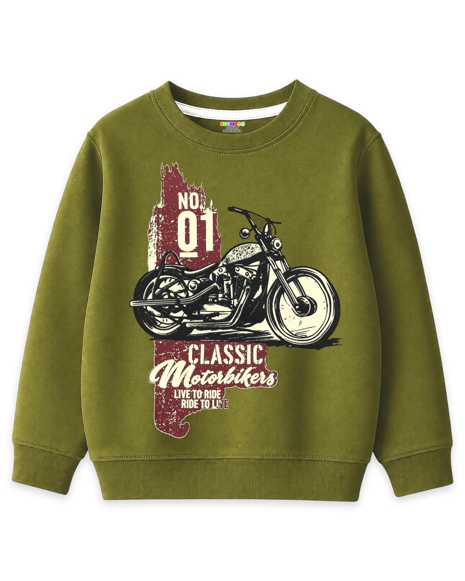 Kuchipoo Olive Green Cotton Blend Sweatshirt for Boys with Full Sleeves and Round Neck - NO 01 CLASSIC Motorbikers LIVE TO RIDE RIDE TO LIVE