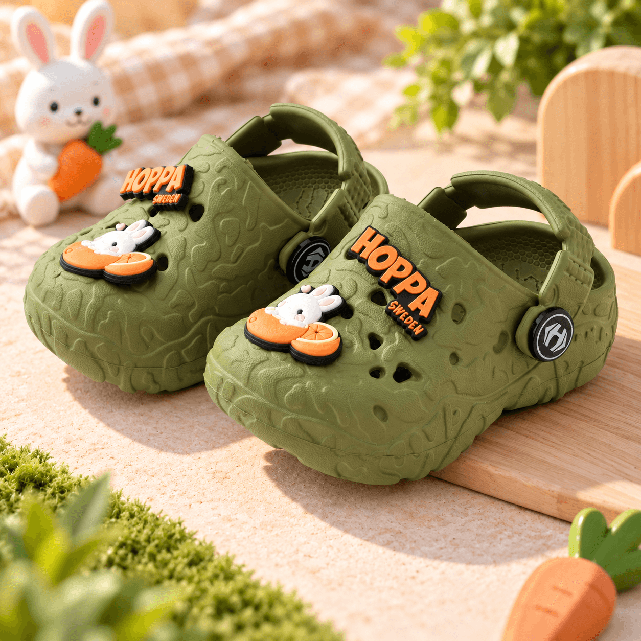 Hoppa Unisex Olive Green Applique Rubber Clogs with Back Strap for Casual & Daily Wear (Charms May Vary – Assorted)