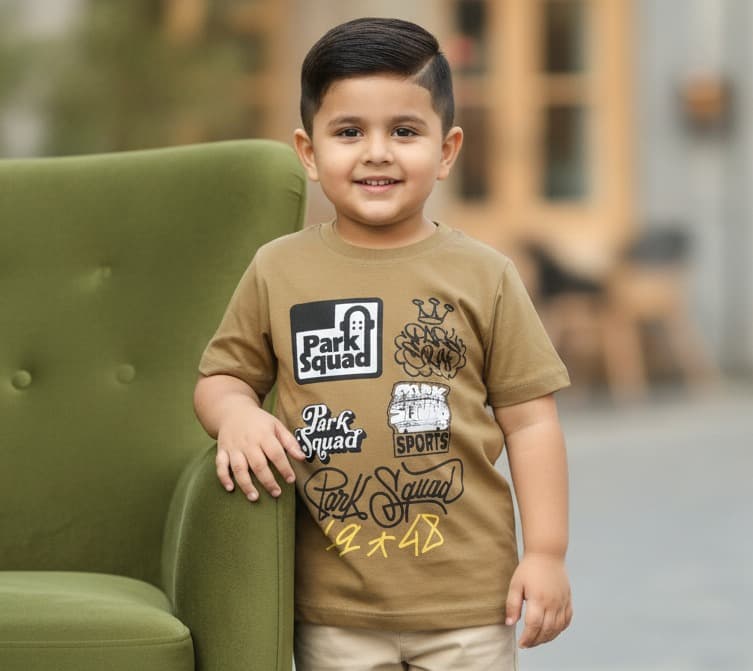 Biskid Boys Olive Green Short Sleeve T-Shirt with Park Squad Print for Casual Summer Wear