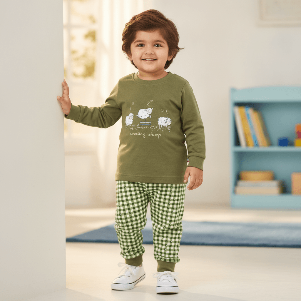 Teddy Olive Green Full Sleeve T-shirt & Joggers Set for Boys with Counting Sheep Design - Casual All Season Wear