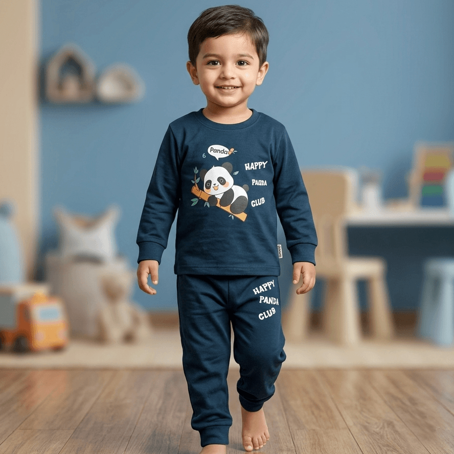 Hazelnuts Teal Blue Full Sleeve Panda T-shirt & Joggers Set for Boys - Casual Daily Wear