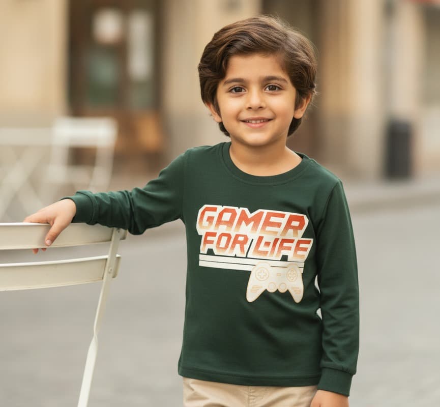 Hazelnuts Dark Green GAMER FOR LIFE T-Shirt for Boys - Full Sleeves, Casual Wear, All Season