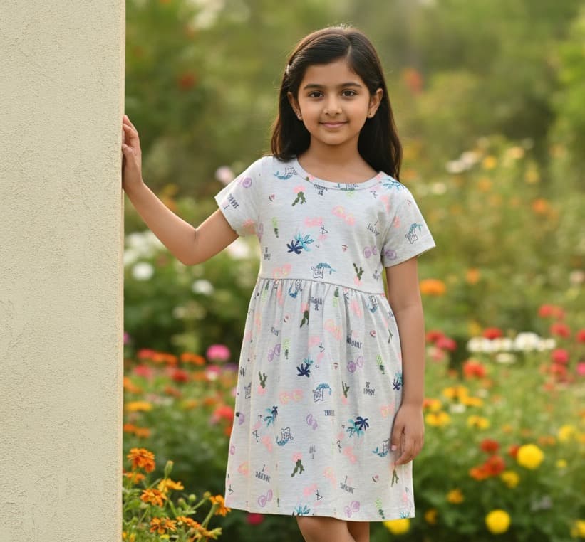 Eteenz Girls' Light Grey Cotton One Piece Dress with Short Sleeves and "I LOVE SUMMER, BE HAPPY" Print for Casual Summer Wear