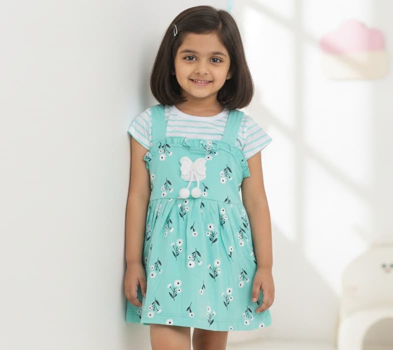 PingPong Girls Turquoise Cotton Frock with Inner Tee | Short Sleeves Round Neck | Back Button Closure | Casual & Daily Wear