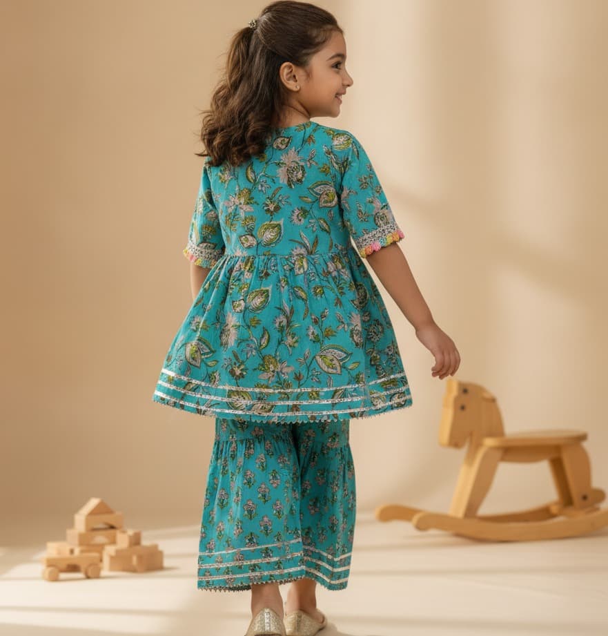 Cuddly Cubs Turquoise Kurti & Sharara Set for Girls - Half Sleeves, Round Neck, Slip-on, All Season Formal/Partywear