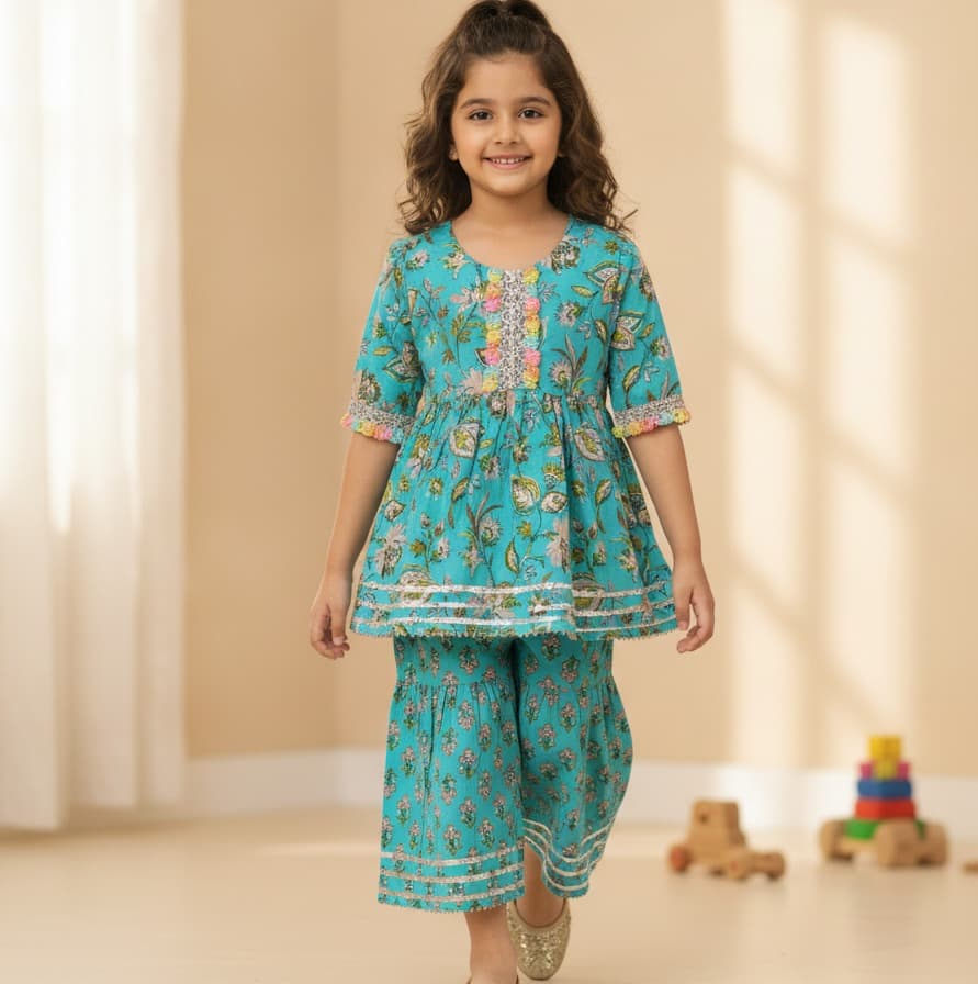 Cuddly Cubs Turquoise Kurti & Sharara Set for Girls - Half Sleeves, Round Neck, Slip-on, All Season Formal/Partywear