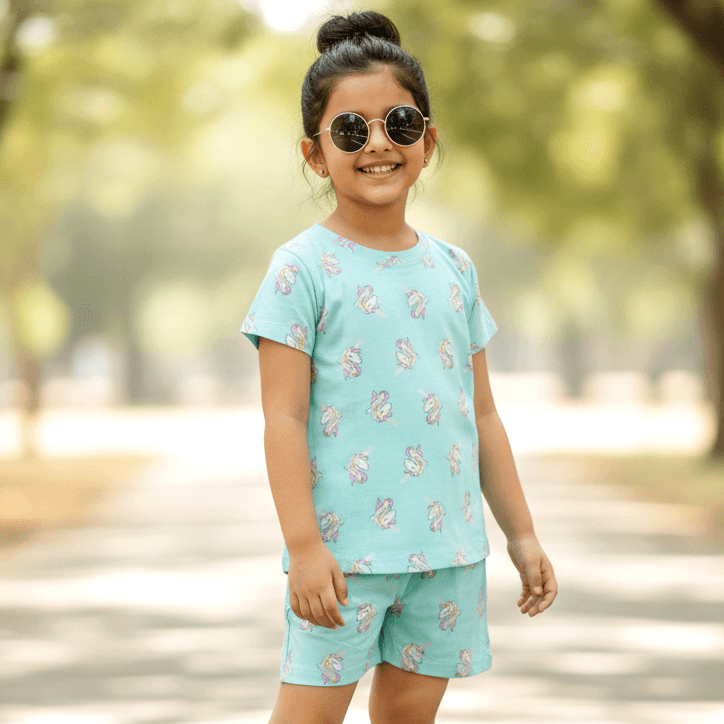 Eteenz Girls Turquoise Cotton T-Shirt & Shorts Set