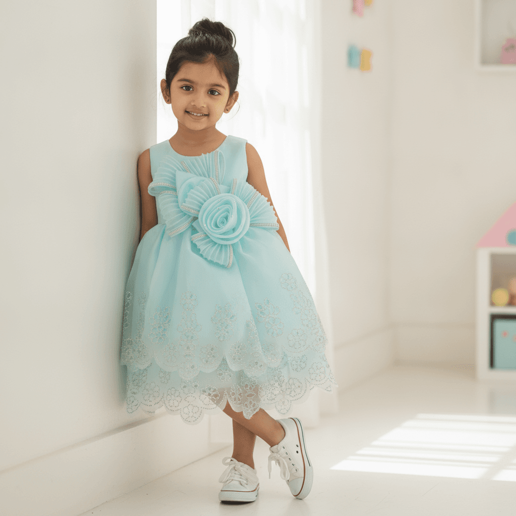 Kyub Turquoise Tulle Sleeveless Party Dress for Girls with Round Neck and Back Zipper