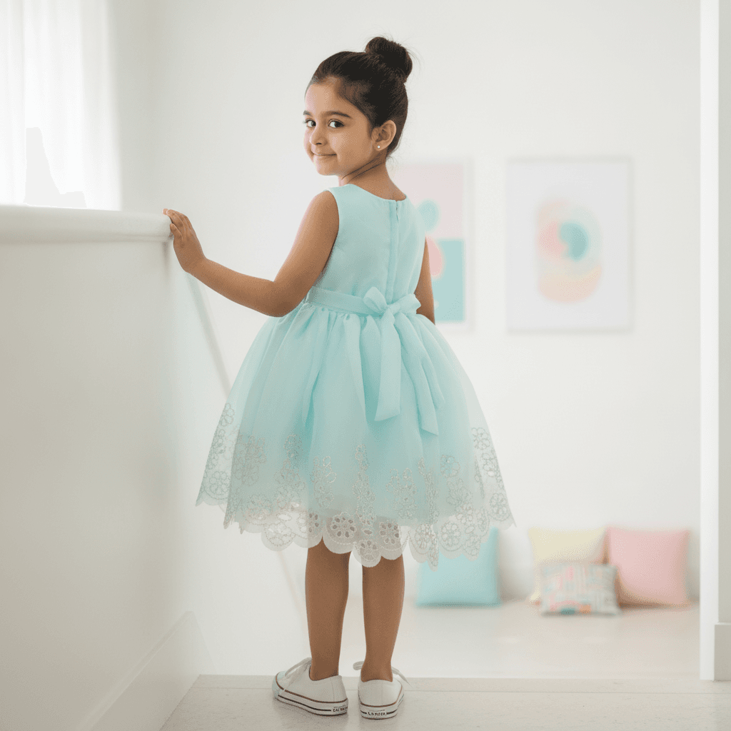 Kyub Turquoise Tulle Sleeveless Party Dress for Girls with Round Neck and Back Zipper