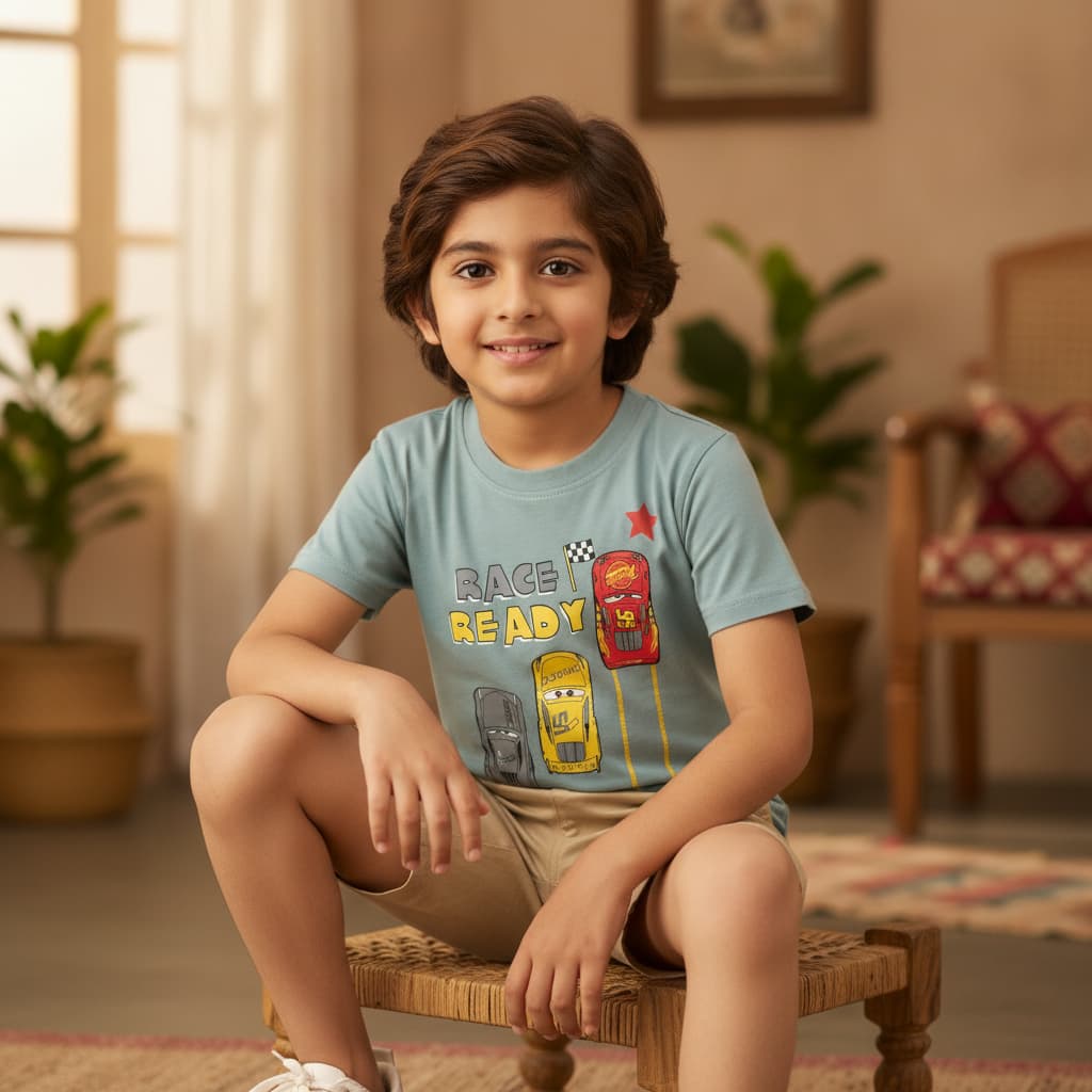 Kido Fash Boys Teal Blue Cotton Blend “Race Ready” Printed T-Shirt