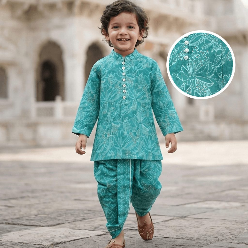 Campana Kids Teal Blue Dhoti Kurta Set for Boys - Ethnic Wear for Formal/Partywear, All Season, Cotton Fabric, Full Sleeves, Mandarin Collar