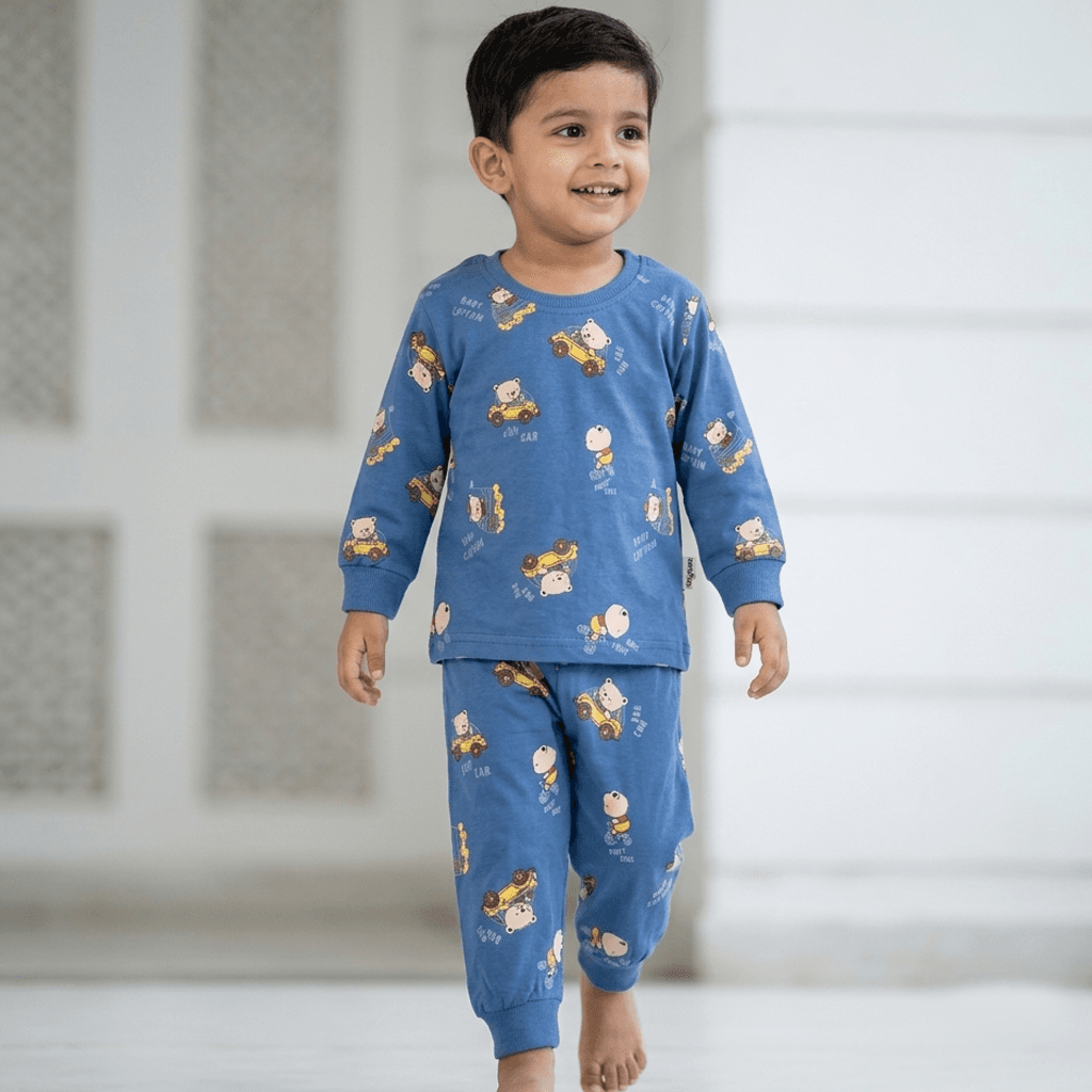 Hazelnuts Teal Blue Full Sleeve T-shirt & Joggers Set for Boys - Casual Daily Wear with FUN CAR, BABY CAPTAIN Print