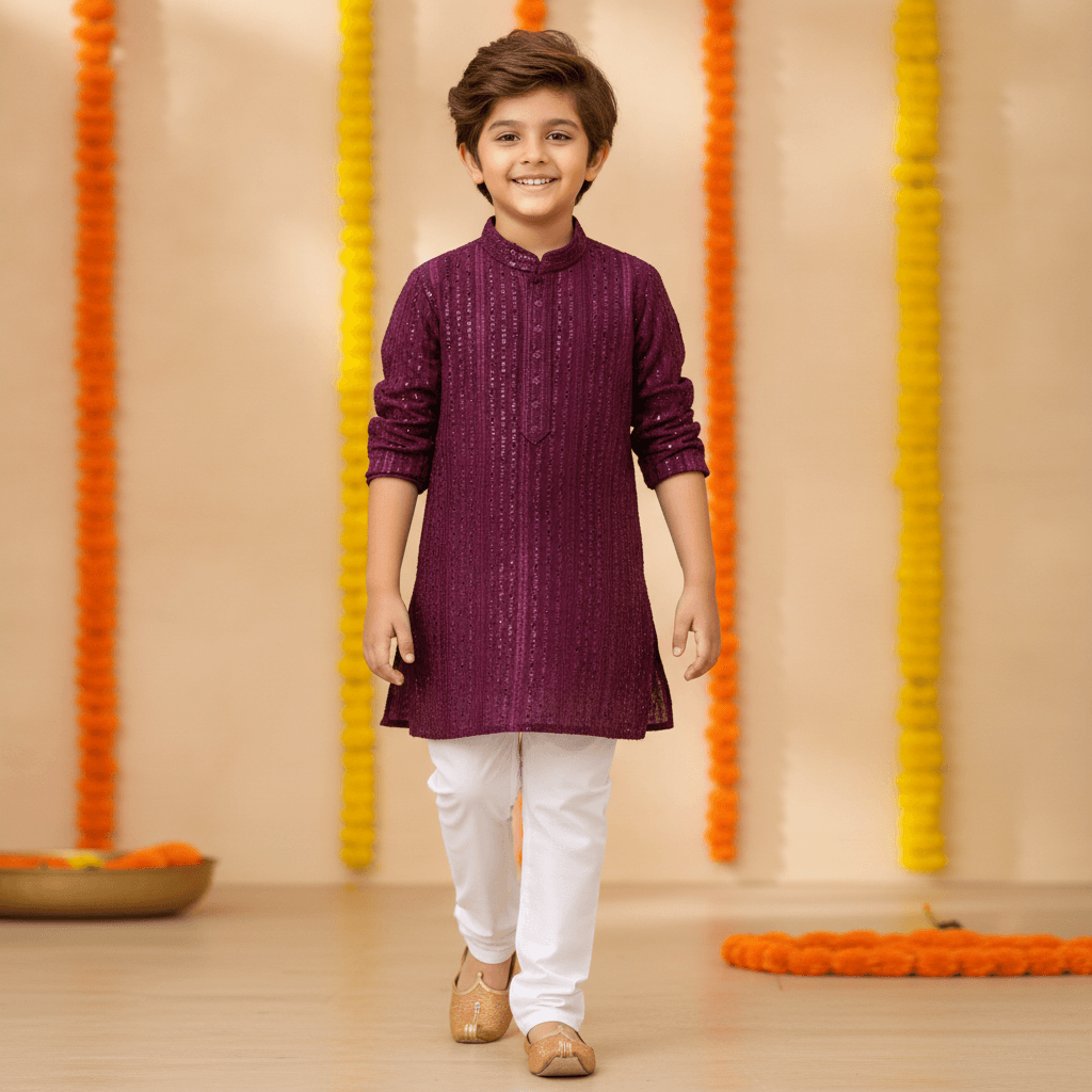 Hathom Boys Plum Cotton Blend Kurta Pyjama Set | Full Sleeves Mandarin Collar | Front Button Closure | Full Length Pyjama | Mid Rise | Slip-On | Formal & Partywear | All Season | Hand Wash