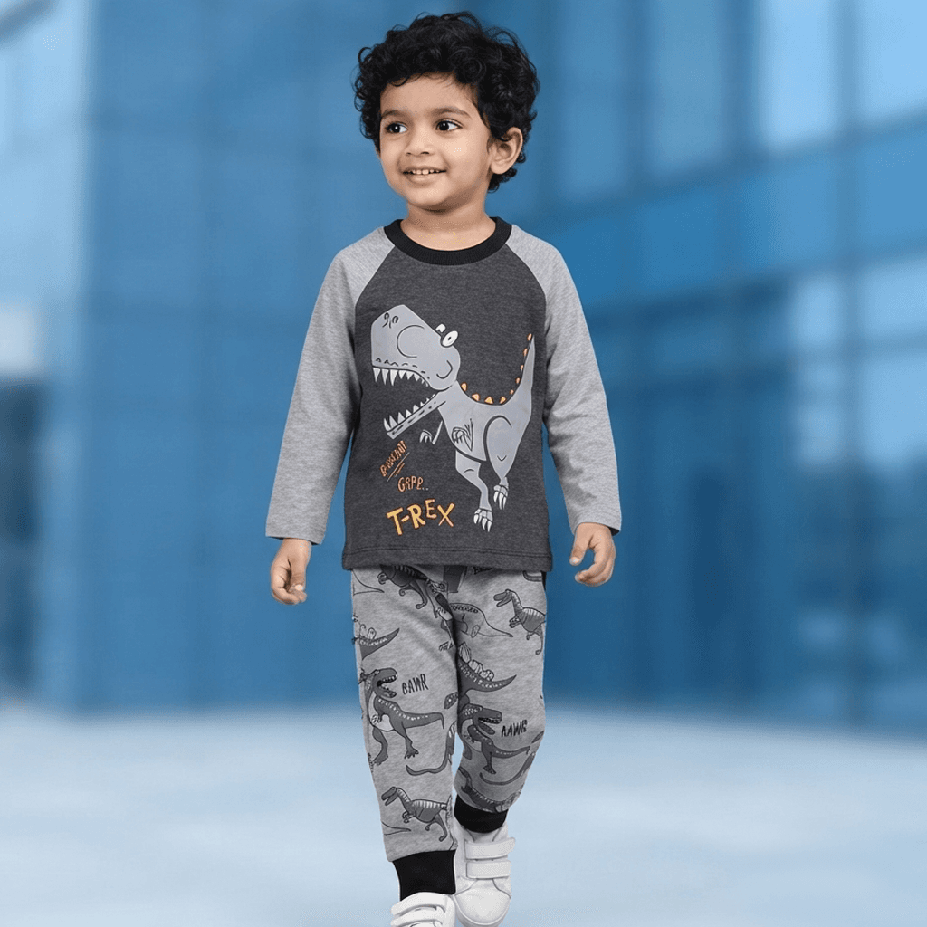 Lazy Shark Boys Casual Charcoal Grey T-shirt & Joggers Set with ROOOAR! T-REX Print