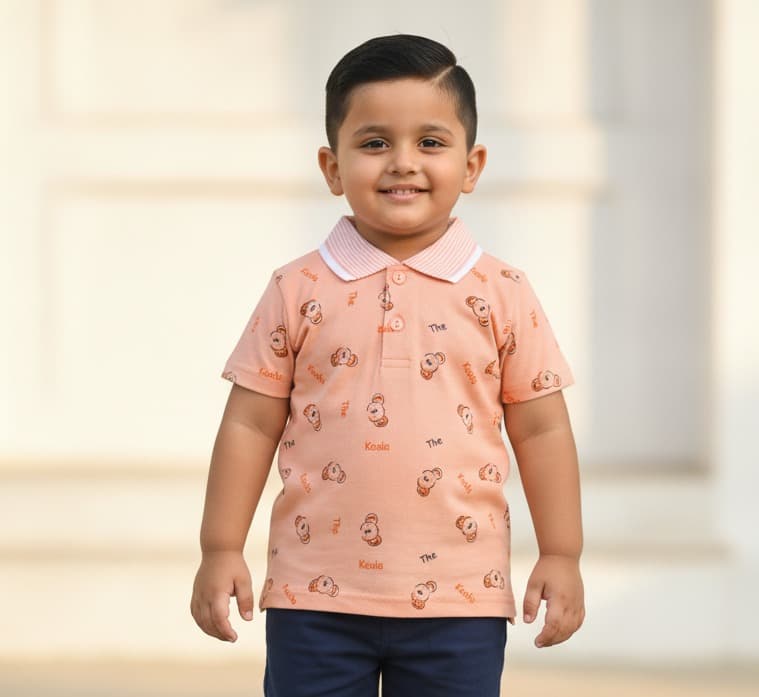 Hazelnuts Dark Peach Polo T-Shirt for Boys - The Koala Design, Casual Summer Wear