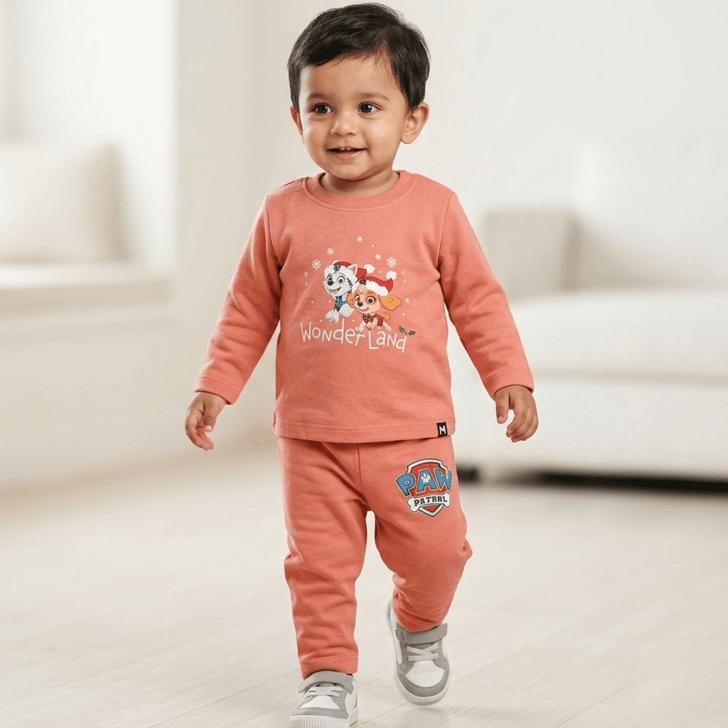 Minute Mirth Boys Casual Dark Peach T-shirt & Joggers Set with PAW PATROL Print