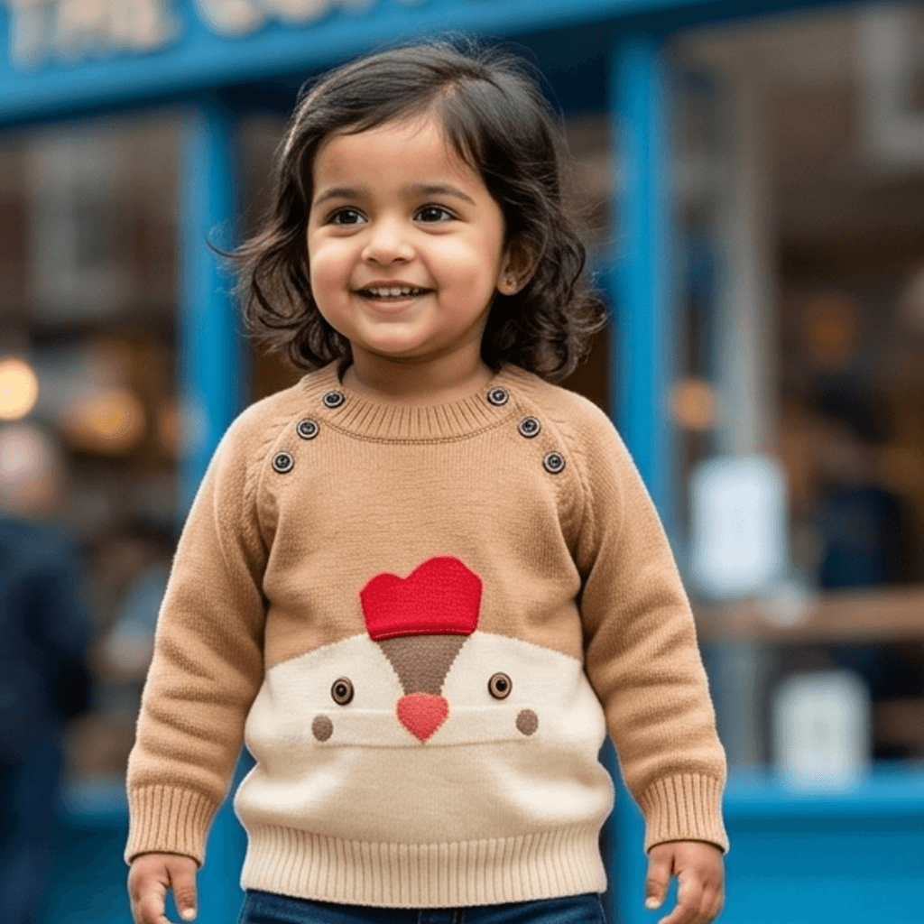 Baby Studio Girls Brown Pure Wool Round Neck Sweatshirt | Full Sleeves Shoulder Button Winter Wear