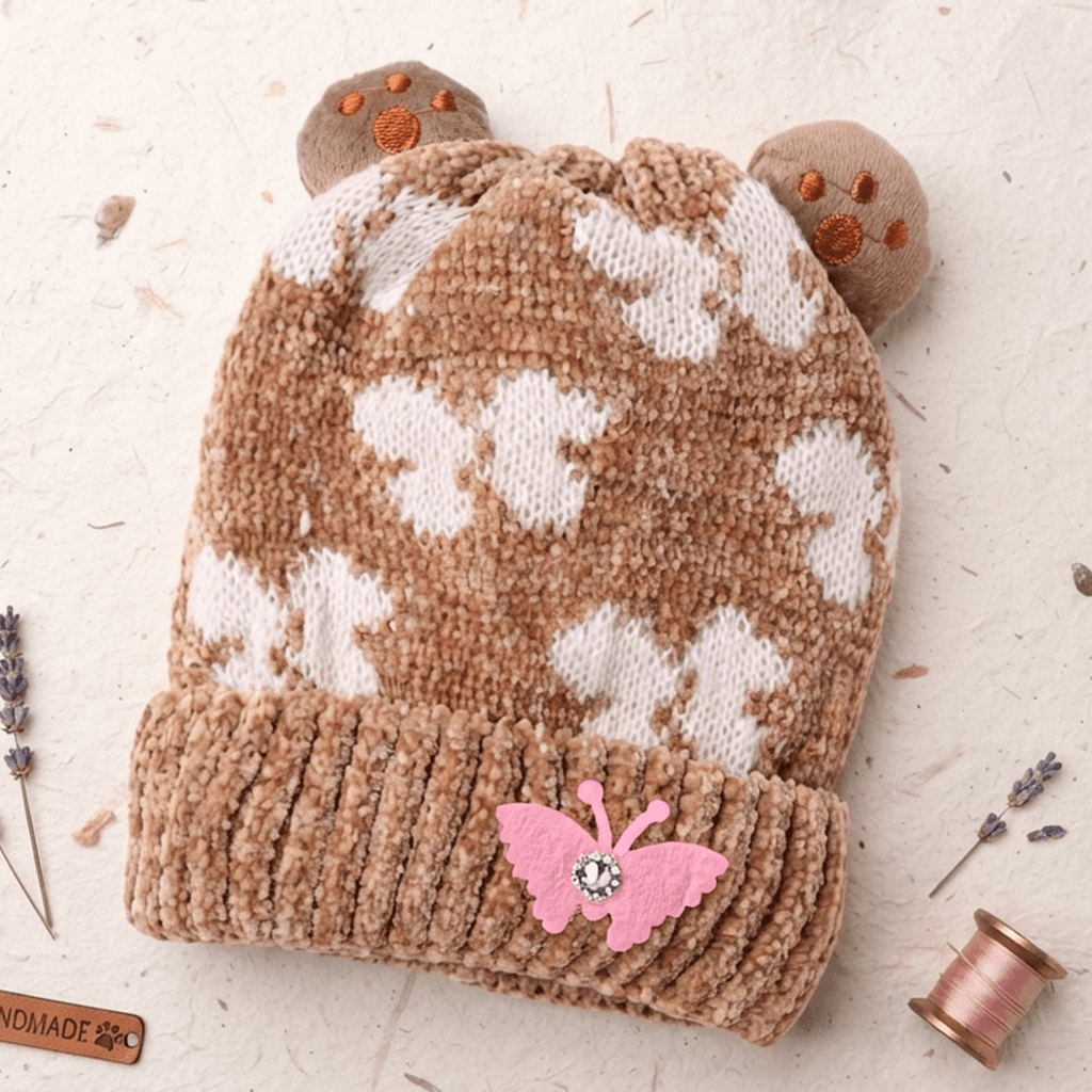 Oh! Hats Unisex Brown Applique Woolen Beanie Cap | Warm Winter Headwear for Cold Weather & Daily Wear