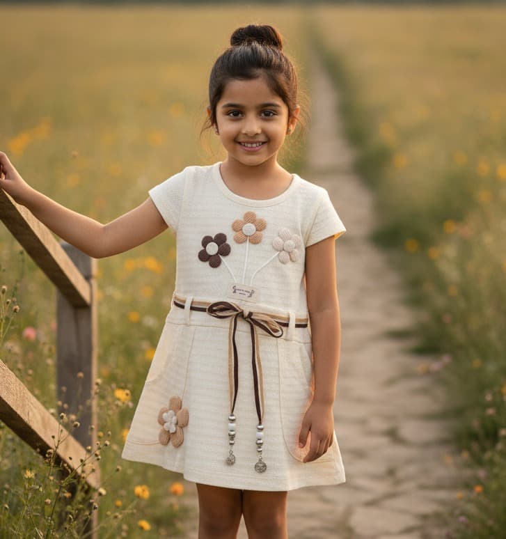 PingPong Girls' Brown Cotton One Piece Dress with Short Sleeves for Casual Summer Wear