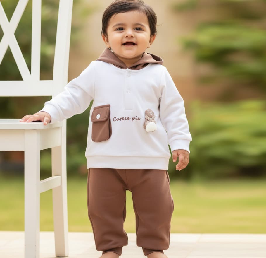 Boom Baby Brown Winter Wear Suit for Boys - Full Sleeves Casual Set with Cuteee Pie Text and Joggers