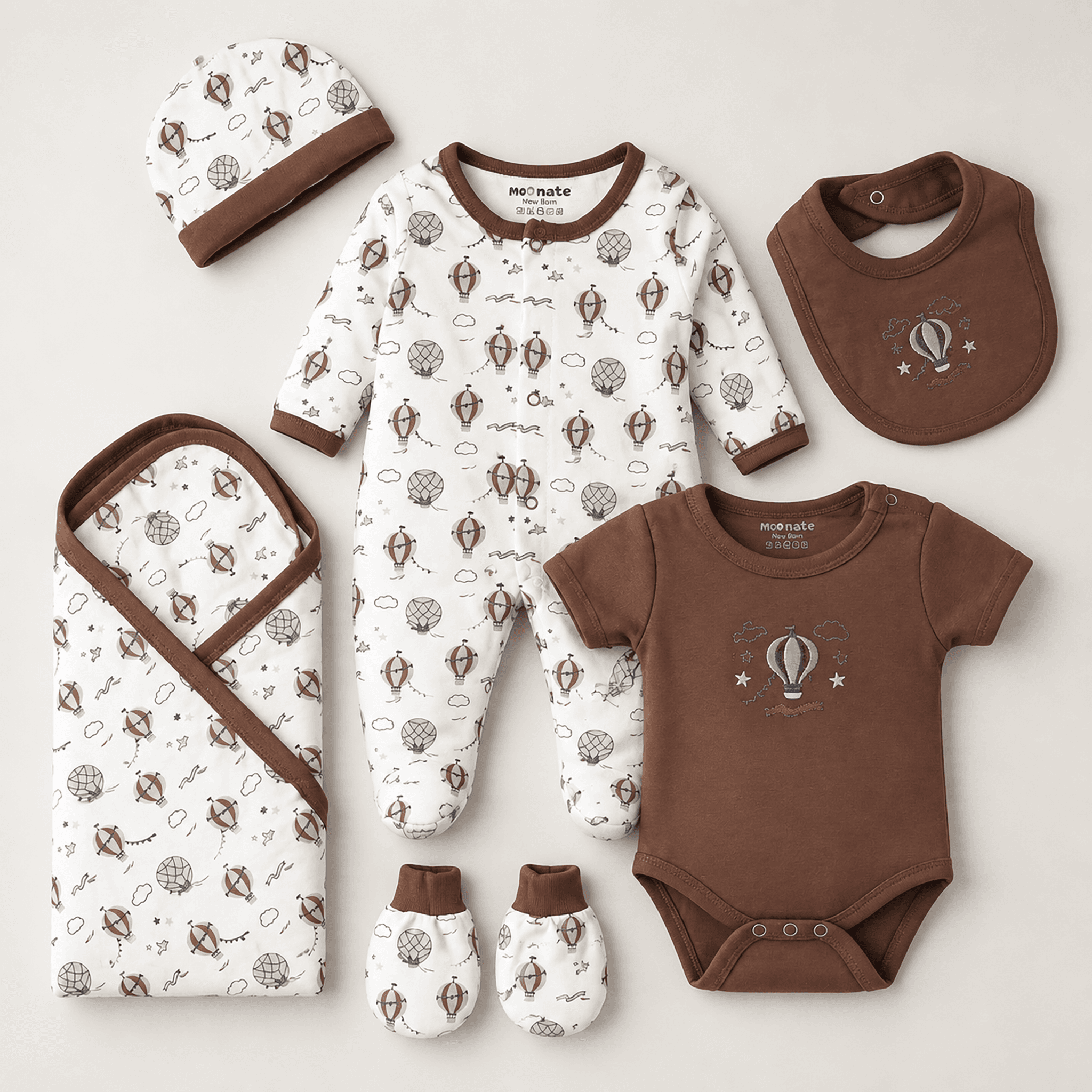 Neo Nate Unisex Brown Cotton Footed Romper Gift Set – Full Sleeve Round Neck
