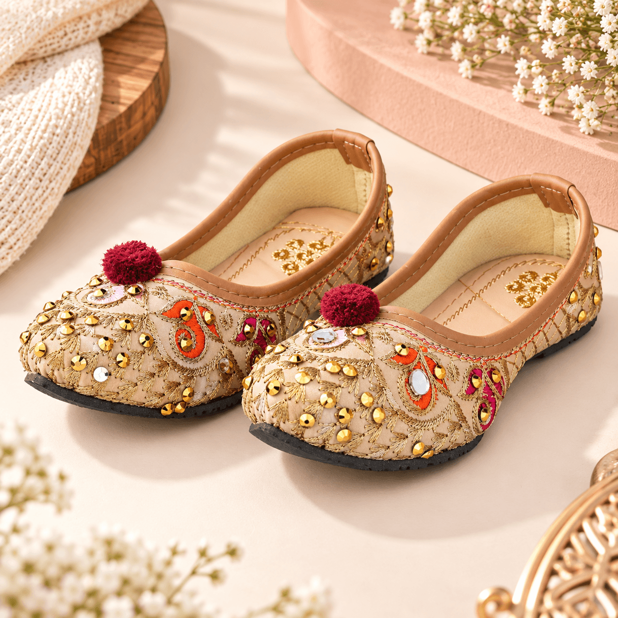Chirp Footwear Girls Gold Rhinestone Synthetic Slip-On Ballerina Flats | Stylish Casual & Partywear Shoes