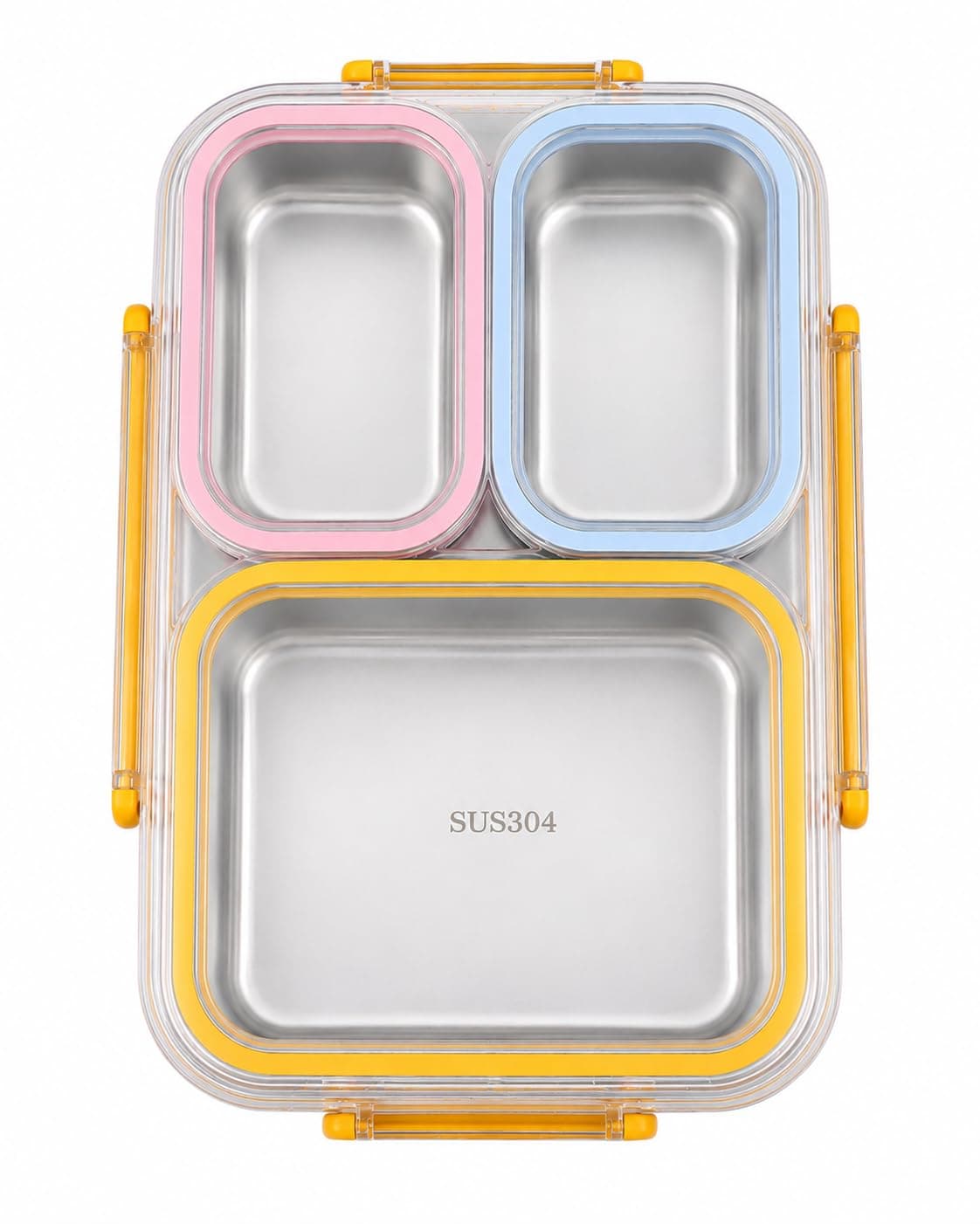 Stainless Steel SUS304 Lunch Box 3 Compartments with Clear Lid | Reusable Food Container for Kids & Adults | Colour May Vary