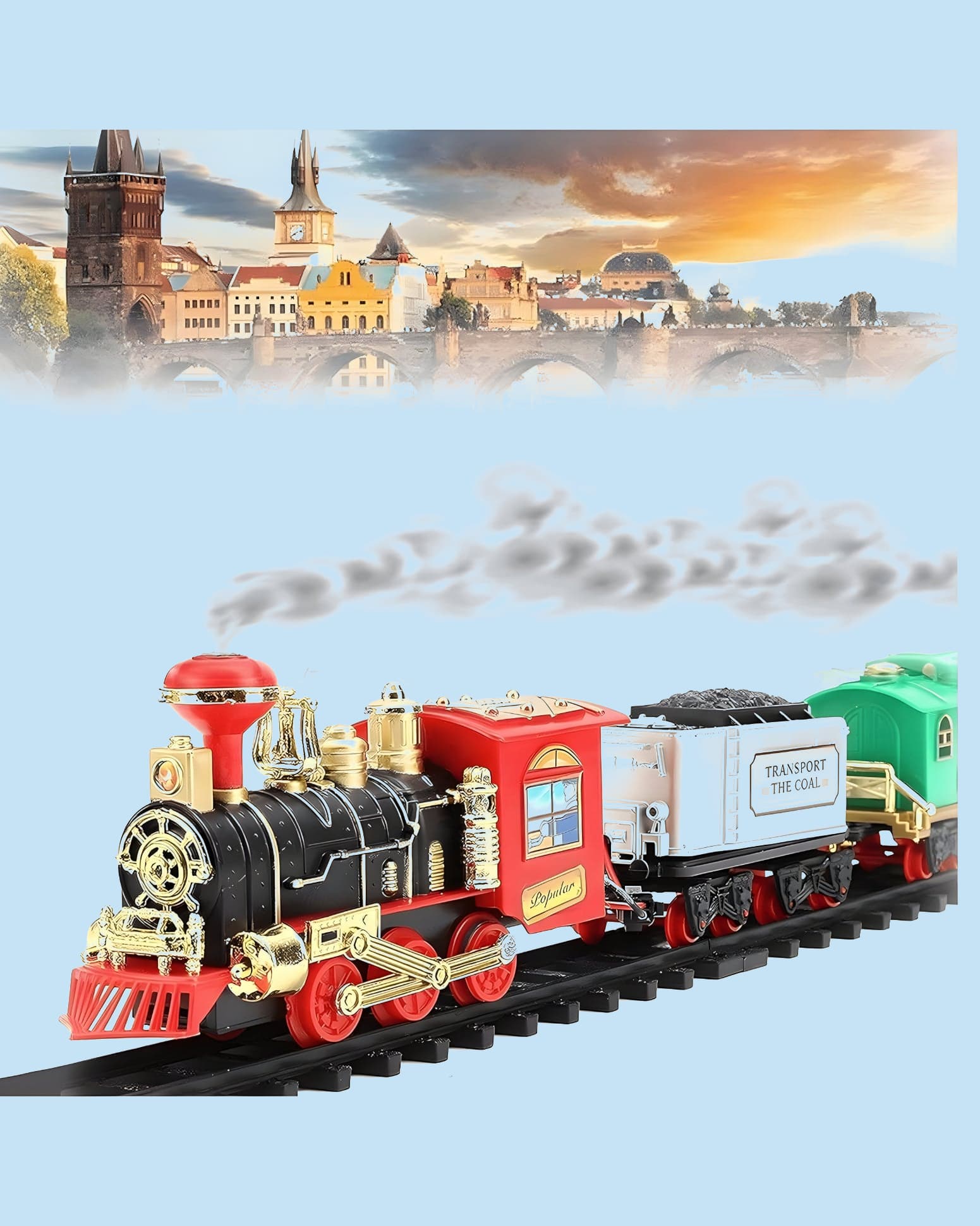 Jollyora  Choo Choo Toy Train Set with Long Track -  Realistic Smoke & Sound Effects -  Battery Operated -  Built-in Flashlight -  Circular Track System -  Immersive Play for Kids- PACK OF 1- COLOR MAY VARY