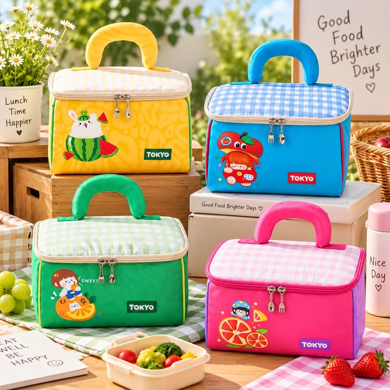 Kawaii Insulated Lunch Bag with Spoon & Fork Zipper Pulls, Portable Reusable Lunch Tote, Pack of 1, Color May Vary
