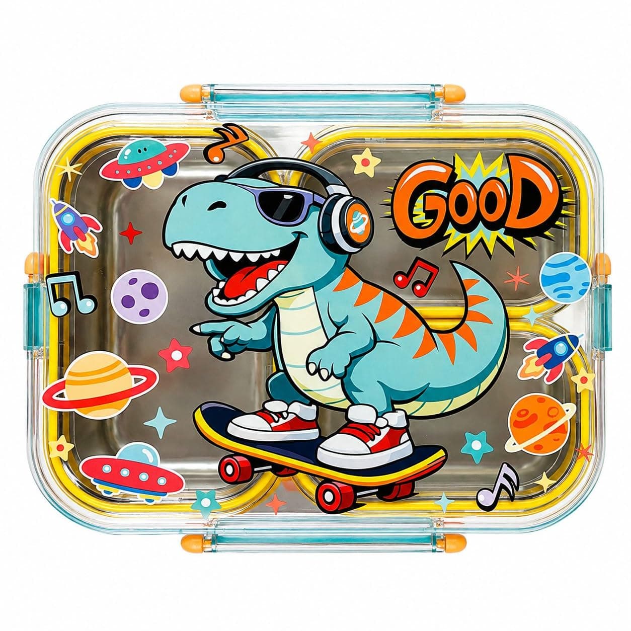 Dino Print 3-Compartment Stainless Steel Lunch Box | Cute Food Storage Container for Kids & Adults | School & Office