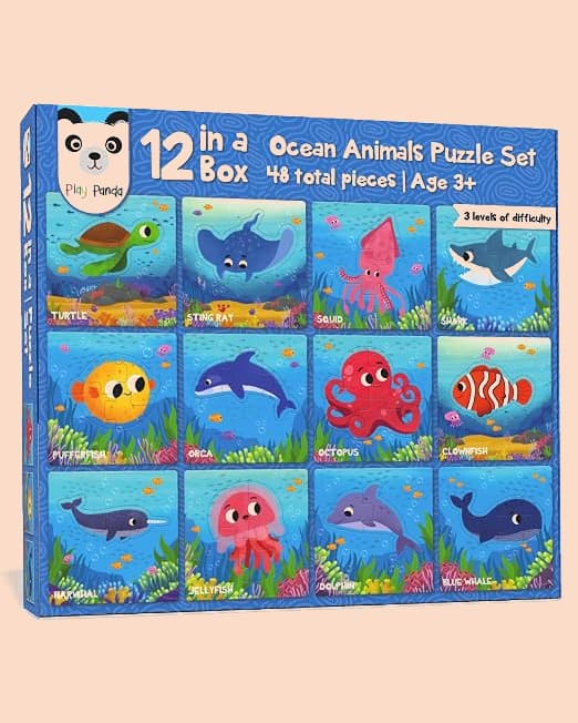 PLAY PANDA 12-in-1 Ocean Animal Puzzle Set | Educational Learning Jigsaw Puzzles for Kids 3+ Years | Sea Life Puzzle Collection