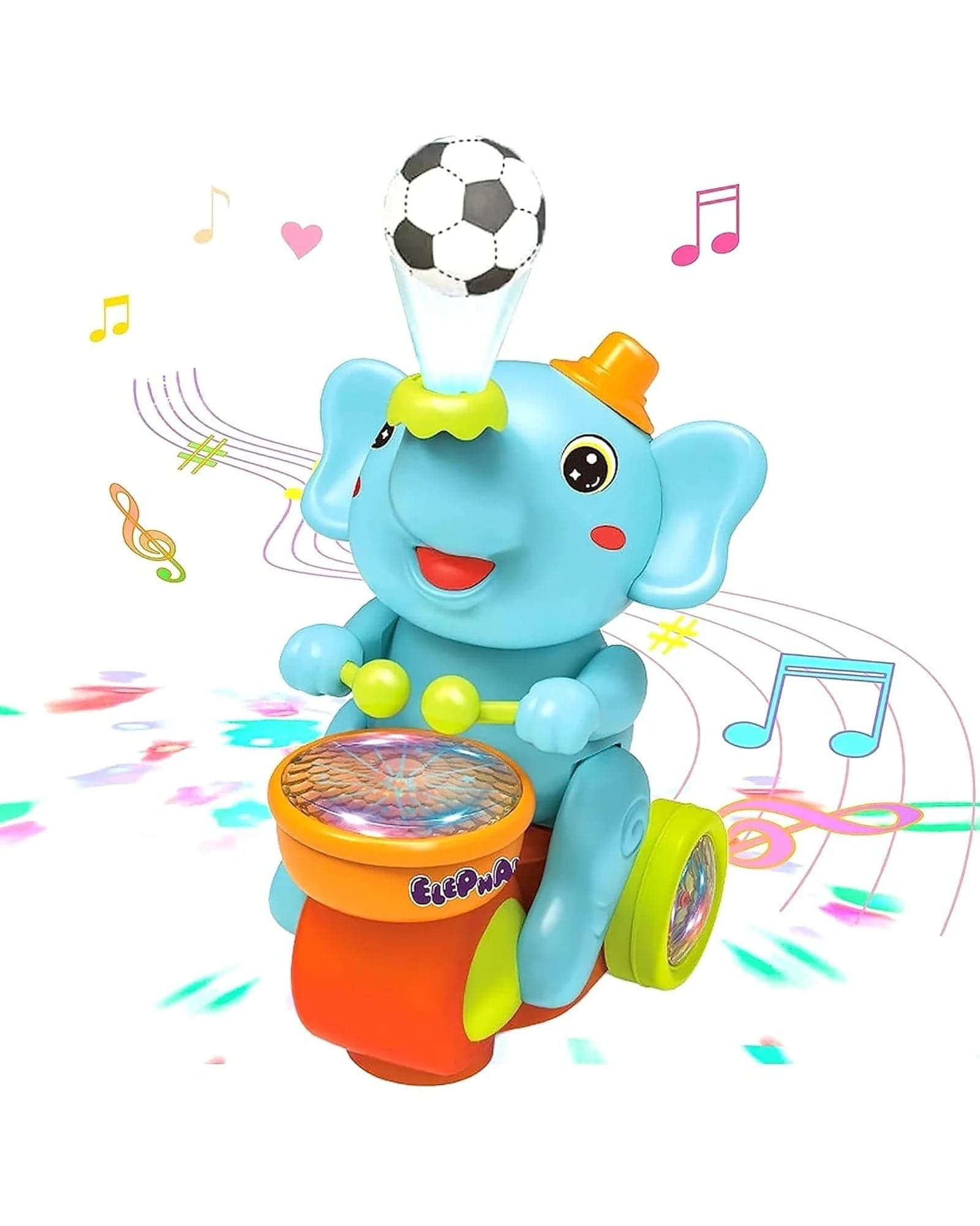 Toyz Musical Walking Elephant Drummer Toy with Flashing Lights, Sound, Drum Beating & Ball Blowing Action, Light Blue