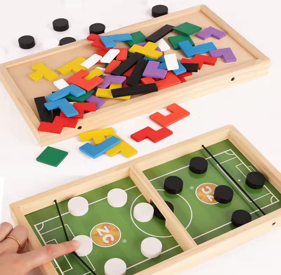 Jollyora Children's Fun Two-in-one Football Bouncing and Tetris Two-player Fun Board Game Wooden Toys- Pack of 1- Color May Vary