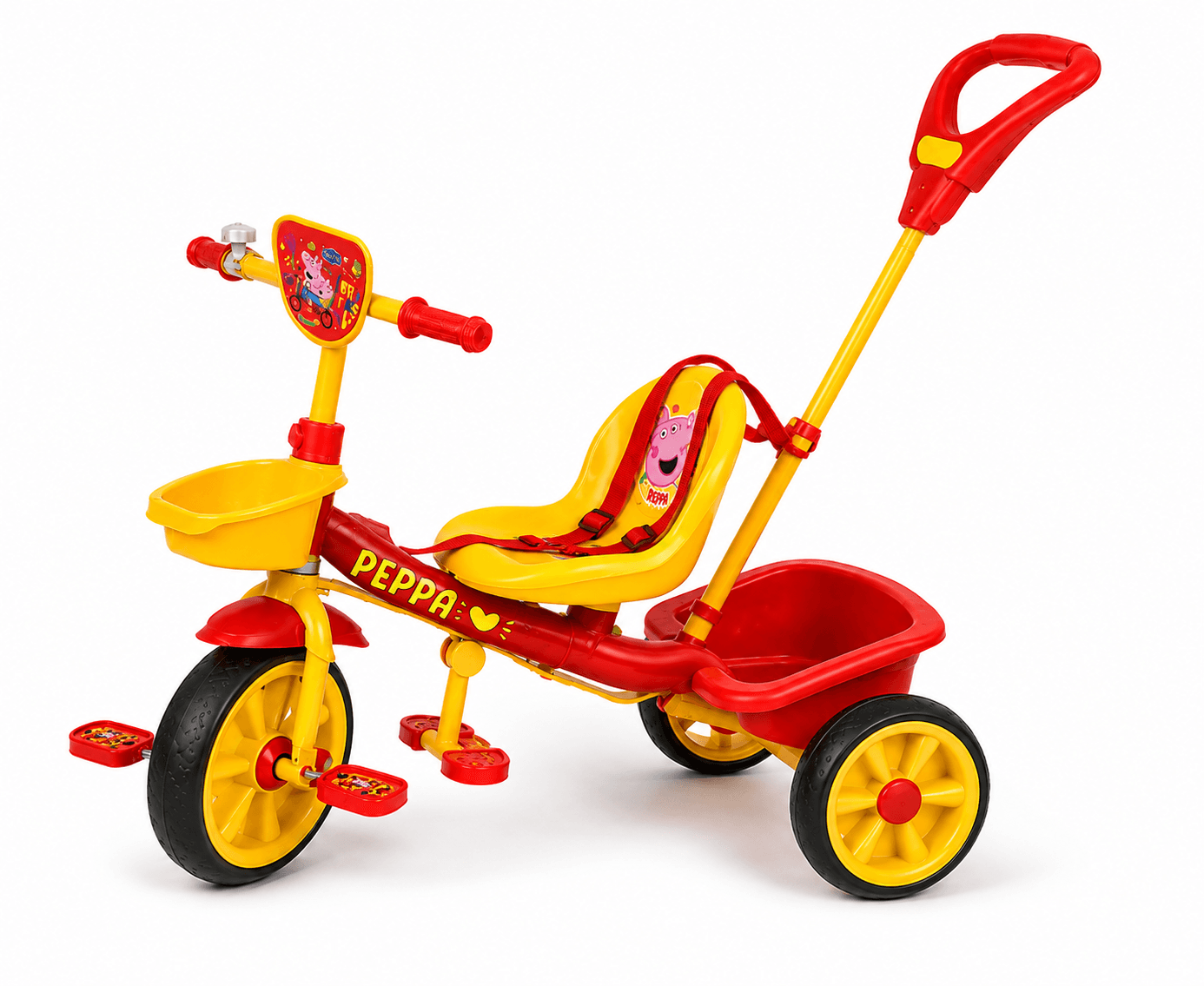 Winmore Peppa pig Parental Tricycle with Plaque for Kids – Red & Yellow Ride-On Tricycle with Parent Push Handle, Safe & Fun Outdoor Ride