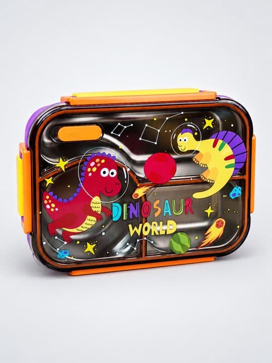 Dinosaur World 3-Compartment Stainless Steel Lunch Box | Kids School Food Container | Purple | Stylish & Portable