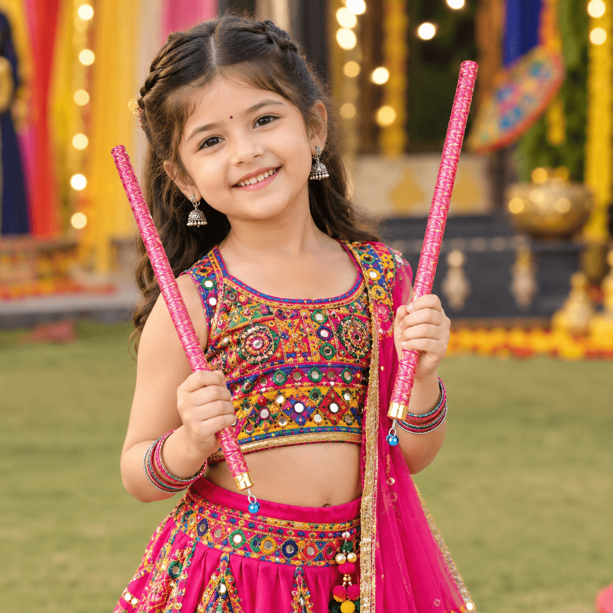 Dandiya Sticks for Navratri Garba & Dandiya Raas | Colourful Traditional Dance Sticks for Kids & Adults | 1 Pair, Dark Pink